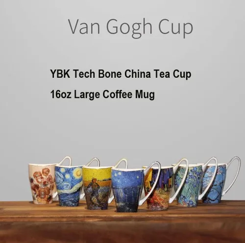 Vista 6 de Taza de café de porcelana de hueso YBK Tech, taza grande de 16oz de té - Diseño inspirado en las pinturas de Van Gogh (flor de albaricoque)