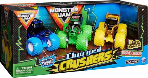 Vista 4 de Monster Jam, Ground Shaker - Paquete de 3 unidades (Grave Digger, El Toro Loco y Blue Thunder), vehículos fundidos a escala 1:64 Trituradoras