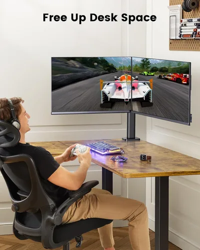 Vista 8 de ErGear Soporte de monitor doble para 17 a 32 pulgadas, soporte de monitor doble con inclinación ajustable, giro, rotación, brazos escalonados