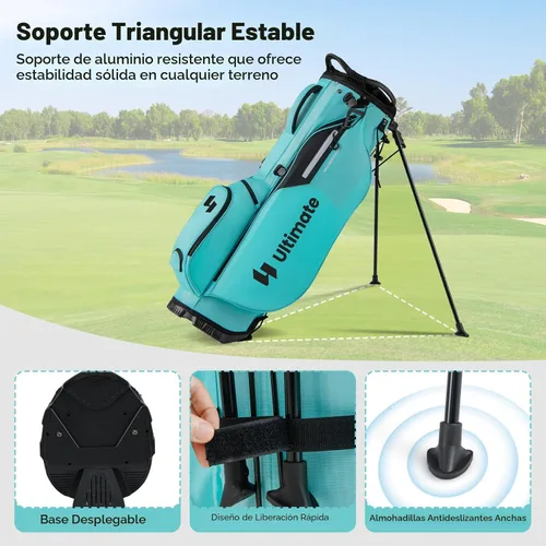 Vista 5 de Bolsa de pie de golf ULTIMATE, bolsa de golf de 8 vías con 5 bolsillos, capucha antilluvia, correa desmontable de doble hombro, almohadilla lumbar