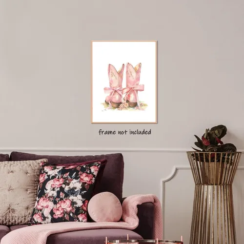 Vista 5 de Heltrappe Botas de vaquera con lazo rosa costero, arte de pared, diseño de coqueta, estilo occidental, bohemio, femenino, póster femenino