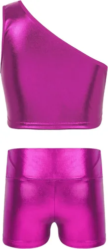 Vista 2 de Loodgao Conjunto deportivo de 2 piezas para niñas y niñas con un hombro descubierto y pantalones cortos para gimnasia