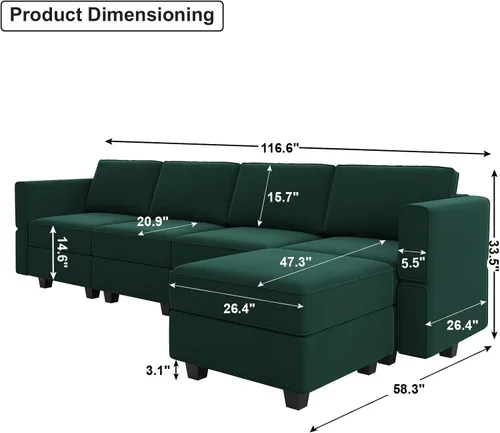 Vista 2 de Belffin - Sofá modular seccional con tumbona reversible de terciopelo, en forma de L, con almacenamiento, convertible de 4 plazas, color verde