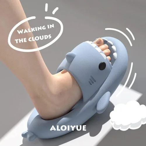 Vista 7 de Sandalias de tiburón para verano, lindas pantuflas de tiburón de dibujos animados para mujeres y hombres, antideslizantes, puntera abierta, suela