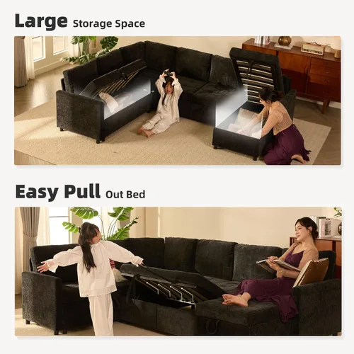 Vista 3 de Sofá cama modular de 107 pulgadas, juego de piezas modulares con cama extraíble, sofá modular en forma de U con almacenamiento, sofás de asiento