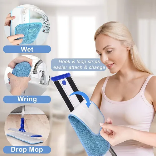 Vista 3 de Trapeador profesional de madera dura, trapeador plano de microfibra de 18 pulgadas con almohadilla lavable, mango de acero inoxidable ajustable
