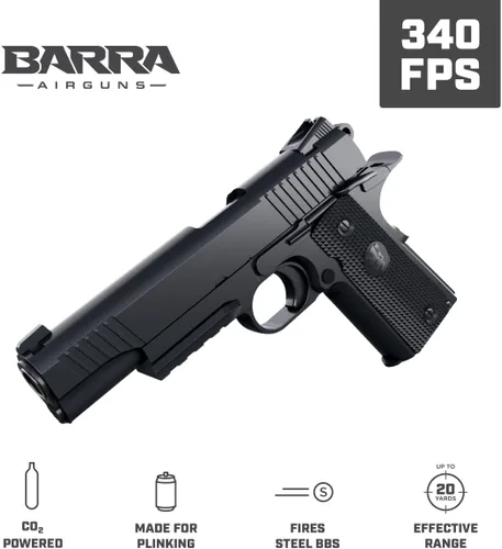 Vista 2 de Pistola de aire Barra Airguns 1911 Blowback BB, Pistolas de gas Blowback BB para adultos, Pistolas de CO2, calibre.177, 340 FPS, toda metálica