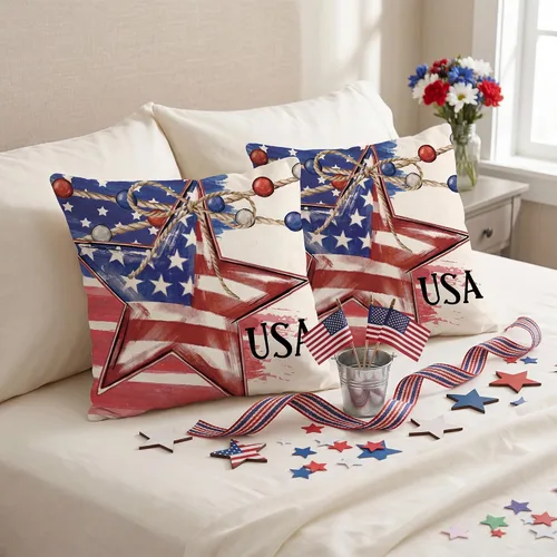 Vista 4 de FUTBU Juego de 2 fundas de almohada de 16 x 16 pulgadas, diseño patriótico de estrellas y bandera estadounidense, rojo, blanco, azul, Día de la 4