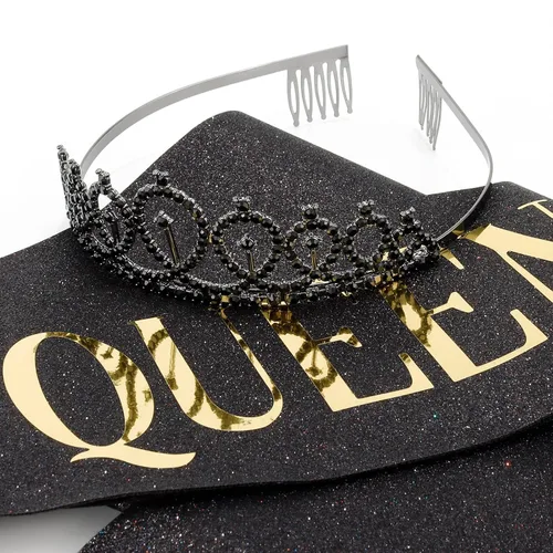 Vista 7 de CAVETEE - Juego de corona y banda de reina de cumpleaños para mujer, banda y tiara de diamantes de imitación, decoraciones de cumpleaños negras Negro