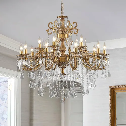 Vista 14 de Candelabros de cristal de bronce antiguo de lujo con lámpara colgante de vela, lámpara de techo de 6 luces de cristal dorado para comedor, sala