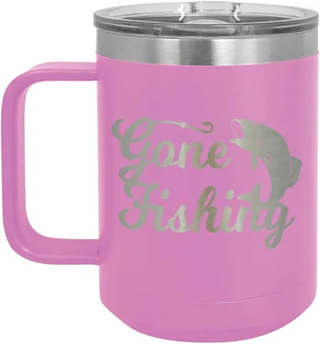 Vista 16 de GONE FISHING Taza de café negra de 15 oz con tapa deslizante Taza de café de viaje aislada Ideas de regalos de cumpleaños o Navidad de mujeres u