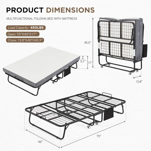 Vista 3 de MELLCOM Cama plegable grande de 75" x 46" con colchón, cama enrollable con colchón para adultos, colchón de espuma viscoelástica de 5 pulgadas