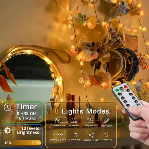 Vista 4 de suddus Luces de calabaza 3D, 40 luces LED de otoño de 12.8 pies, funcionan con pilas con control remoto y 8 modos y temporizador, decoraciones