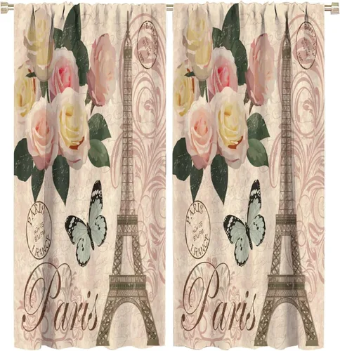 Vista 46 de Cortinas de la Torre Eiffel de París, pintura al óleo, flores moradas, torres de ciudad, con bolsillo para barra, cortinas de ventana