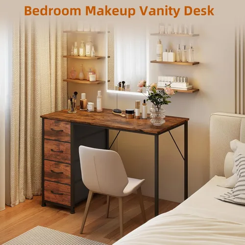 Vista 4 de Somdot Escritorio pequeño para computadora con 4 cajones para dormitorio, escritorio simple de oficina en casa de 39 pulgadas, mesa de estudio