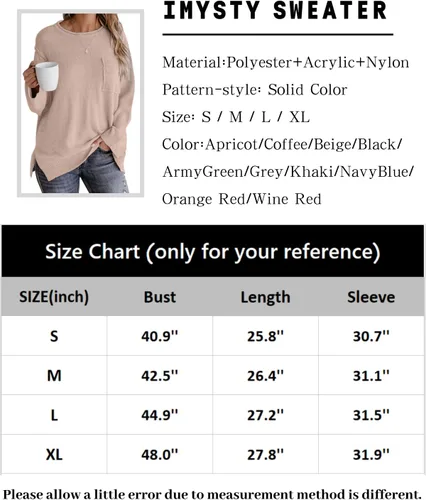 Vista 5 de Imysty Suéteres para mujer, cuello redondo, manga larga, abertura lateral, casual, suéter de punto