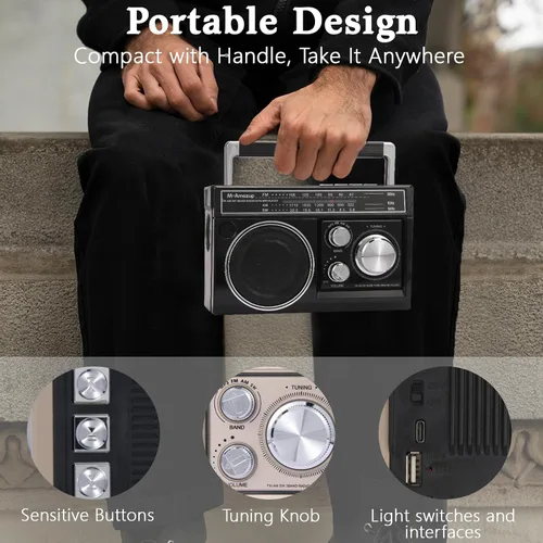 Vista 5 de Radios portátil AM FM, radio portátil retro con altavoz Bluetooth y linterna, recepción fuerte con luces de humor coloridas, tarjeta TF, energía