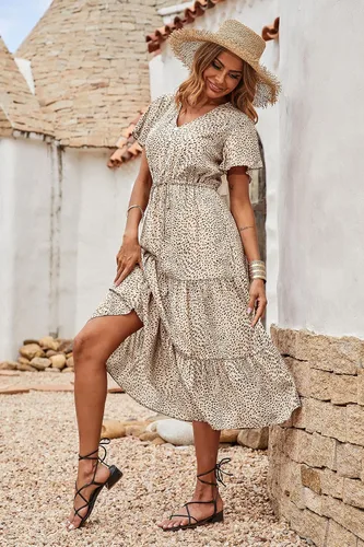 Vista 3 de PRETTYGARDEN Vestido bohemio floral para mujer casual manga corta cuello en V volantes vestido de verano con cinturón