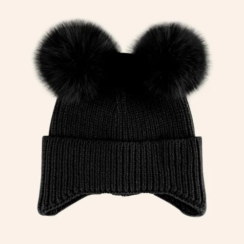 Vista 6 de C.C Gorro de Bebé con Doble Pompón de Piel con Orejeras para Niños y Niñas - Gorro de Punto Skully Cómodo, Suave y Cálido para Bebés, Niños Pequeños