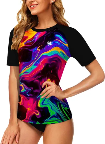 Vista 66 de AOBUTE Camisetas de natación de manga corta para mujer con protección solar degradada