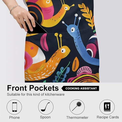 Vista 5 de MUSM Apron for Adults - 27.6 X 31.5 Inch, Heavy-Duty Polyester Aprons with Two Large Pockets, Waterproof Snail And Flower Kitchen Apron for Cooking