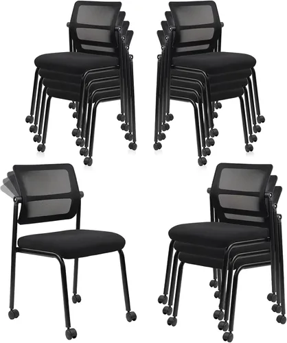 Vista 12 de CLATINA Silla de oficina apilable sin brazos con ruedas, sillas apilables de malla para recepción de invitados con respaldo ajustable para sala