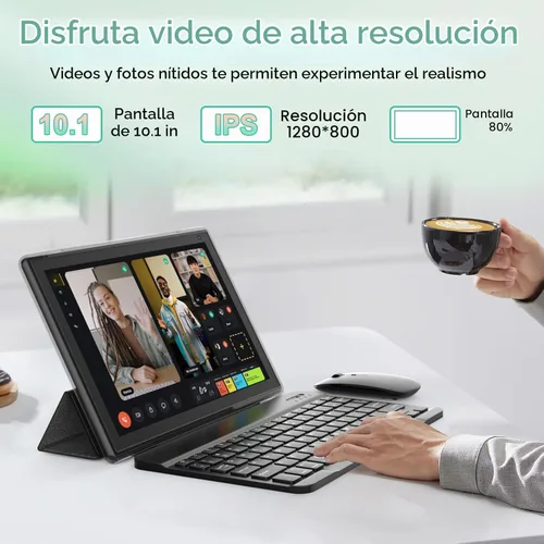 Vista 4 de Tablet Android 15 de 10 pulgadas, Tabletas 2 en 1 con Funda para Teclado Ratón Lápiz Óptico, 6GB RAM 32GB ROM 1TB Expandible, Procesador Quad Core