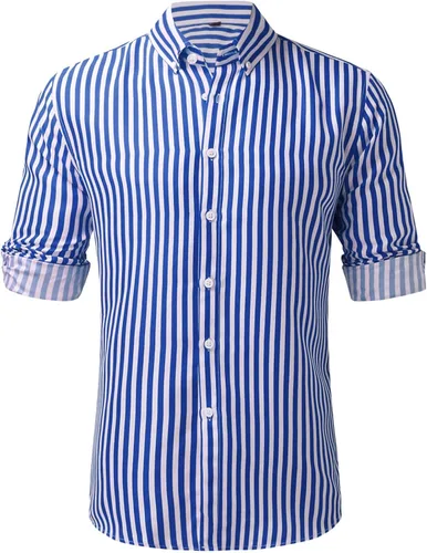 Vista 5 de Camisa de manga larga para hombre, ajuste regular, con botones, a rayas, estilo casual, de verano, de algodón, con cuello extendido