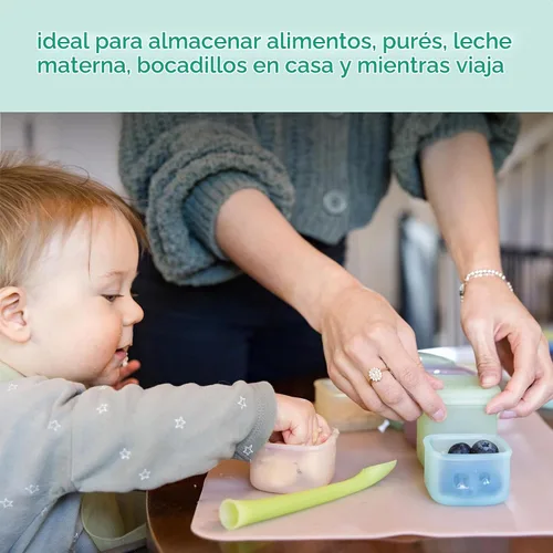 Vista 4 de Olababy Contenedores de Almacenamiento de Silicona Clear Sense 4 piezas para Alimentos de Bebé, Snacks, Fórmula, Puré, Salsa y Más Sin Micro Azul