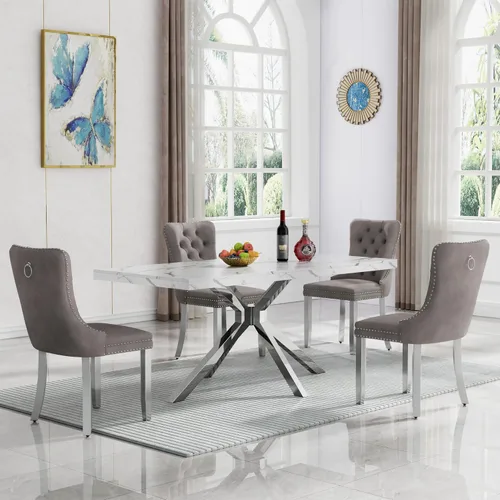 Vista 16 de HomVent Juego de mesa de comedor rectangular para 4, juego de mesa de cocina rectangular, juego de mesa de comedor de mármol sintético, juego