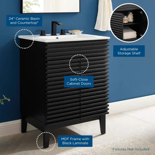 Vista 9 de Modway Render - Mueble de baño de estilo moderno de mediados de siglo con lavabo, color blanco y negro Negro blanco