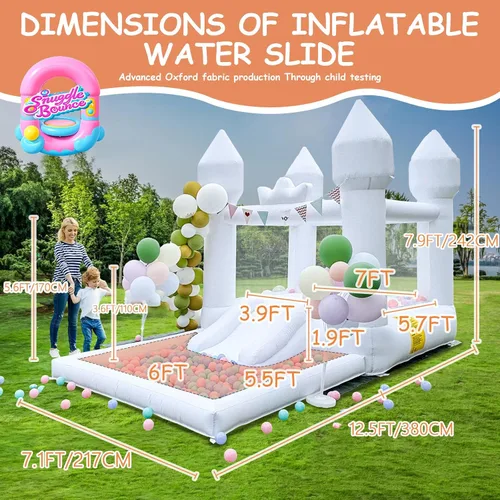 Vista 2 de Casa inflable saltarina blanca de 12.5 pies x 7.1 pies con tobogán y piscina de pelotas, juguetes para interiores y exteriores para niños activos