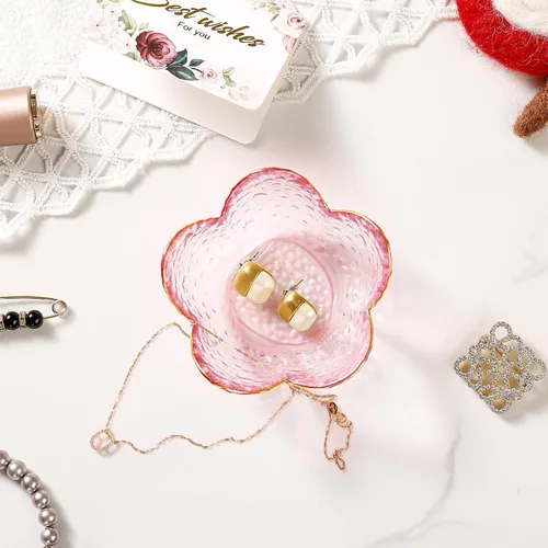 Vista 4 de Regalos para mujeres, plato para baratijas con flores, plato para joyería de vidrio rosa, soporte para anillos, bandeja de joyería, decoración