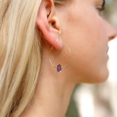 Vista 2 de Luna Tide Amethyst Large Double Terminated Crystal Hoop Earrings in 14k Gold Fill
