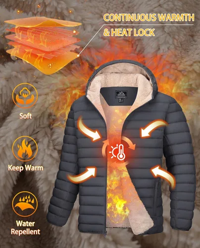 Vista 8 de MAGCOMSEN Chaqueta acolchada para hombre con capucha, forro de vellón, chaqueta térmica resistente al agua, chaqueta de plumón con cremallera