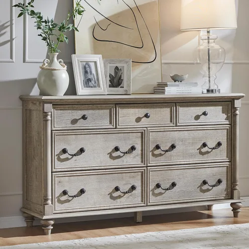 Vista 10 de T4TREAM Farmhouse - Cómoda de 6 cajones con patas de madera maciza, color blanco antiguo