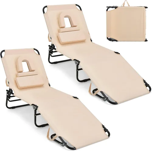 Vista 14 de GYMAX Silla de bronceado, silla de playa de 350 libras con agujero para la cara, almohada lavable y correa de transporte, tumbona plegable