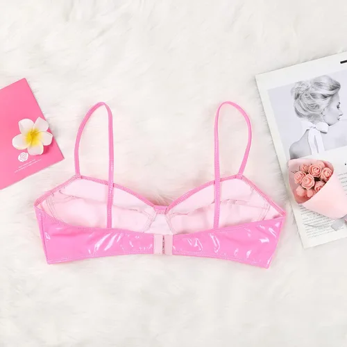 Vista 6 de Yartina Sujetador de piel de charol para mujer, con aspecto mojado, bralette inalámbrico, top corto, lencería para fiestas y clubes