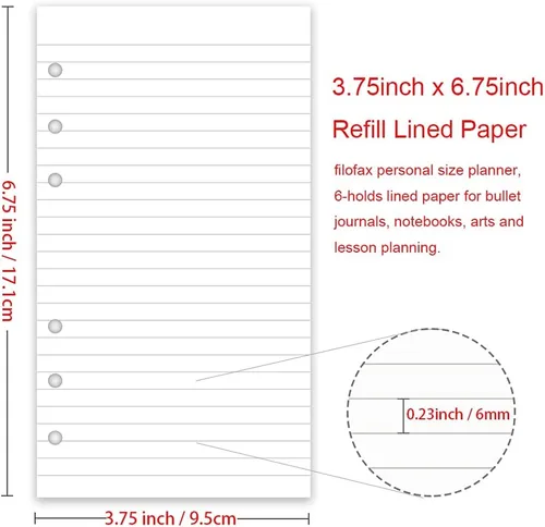 Vista 2 de Papel de repuesto rayado A6, 100 hojas/200 páginas, hojas sueltas para carpetas Filofax Person, 6 agujeros perforados, papel de relleno blanco