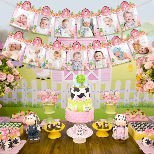 Vista 3 de Cartel de fotos de 1er cumpleaños de animales de granja, rosa para niñas, temática de granja, recién nacido a 12 meses, cartel fotográfico para bebé