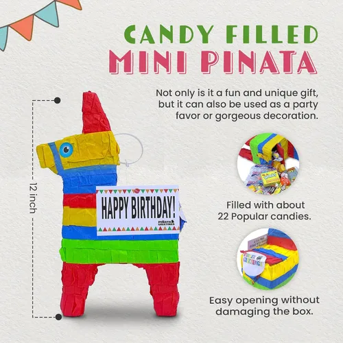Vista 3 de Bonita piñata de burro de 12 pulgadas prerellena con cantidades variadas de caramelos populares y etiqueta de mensaje adjunta para amigos, familia