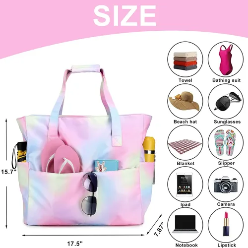 Vista 4 de Bolsa de playa y piscina para mujer, grande, bolsa de gimnasio con compartimento húmedo para viajes, impermeable