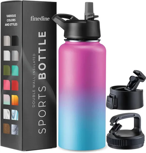 Vista 38 de FineDine Botellas de agua aisladas de triple pared con popote, botella de metal de acero inoxidable de 25 onzas con 3 tapas a prueba de fugas