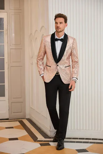 Vista 4 de GRACE KARIN Blazer de lentejuelas brillantes para hombre, con un botón, chal, solapa, esmoquin, fiesta, cena, baile de graduación