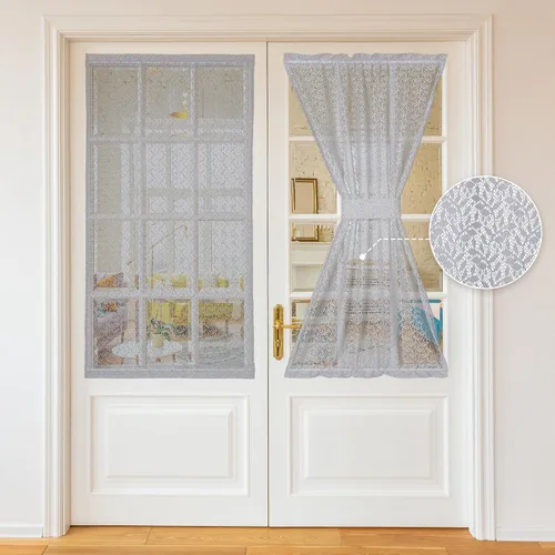 Vista 9 de Cortina para puerta francesa, 2 paneles de cortinas de encaje transparente para puerta delantera, elegante cortina de gasa de ramas y hojas Blanco