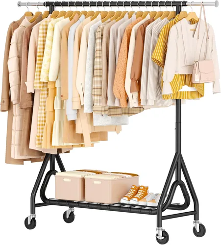 Vista 9 de Perchero resistente para colgar ropa, estante para ropa con dobles varillas y ruedas bloqueables, perchereros enrollables de metal resistentes