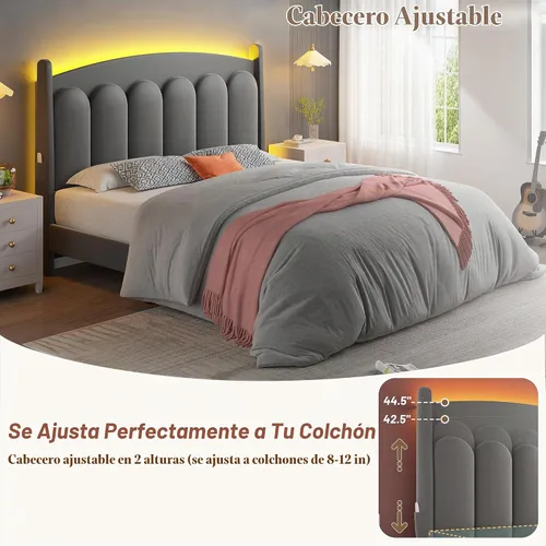 Vista 6 de CypBed Base de cama de tamaño matrimonial con luces LED de cabecero, cama matrimonial tapizada de terciopelo, cama matrimonial con plataforma