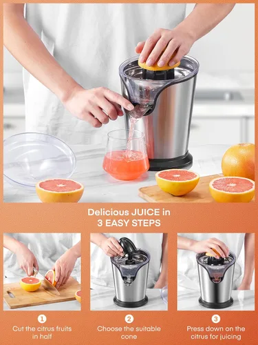 Vista 4 de FOHERE Exprimidor de Jugo de Naranja Exprimidor Eléctrico de Cítricos con Dos Conos Intercambiables Adecuado para Naranja, Limón y Pomelo, Acero
