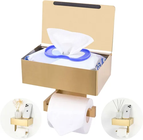 Vista 9 de Soporte de papel higiénico adhesivo con estante y almacenamiento, juego de soporte de rollo de papel higiénico montado en la pared y dispensador