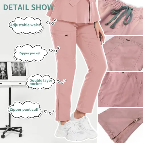 Vista 2 de niaahinn Conjunto de ropa quirúrgica para mujer, uniforme médico, camiseta y pantalones con cremallera y cordón, ropa de trabajo dental